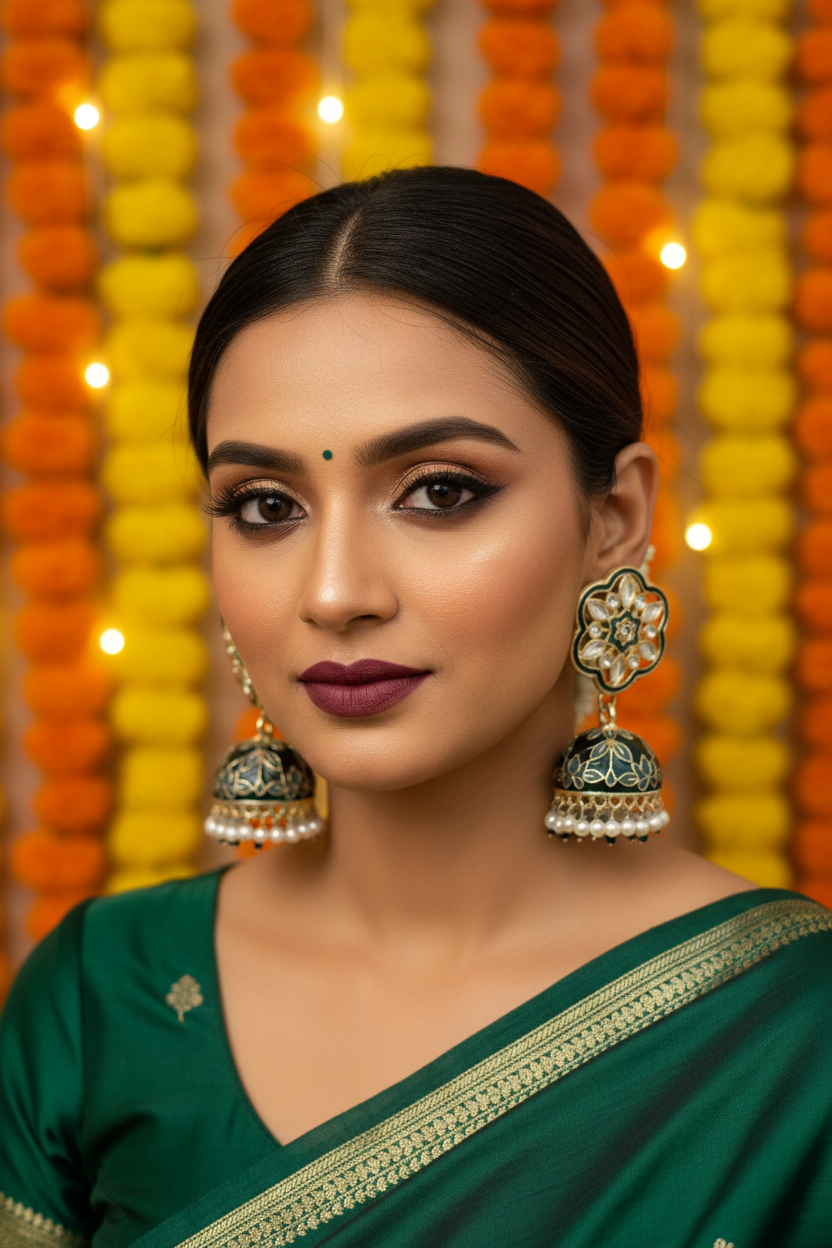 Dark Green Meenakari Kundan Jhumki Earrings - Model Festive