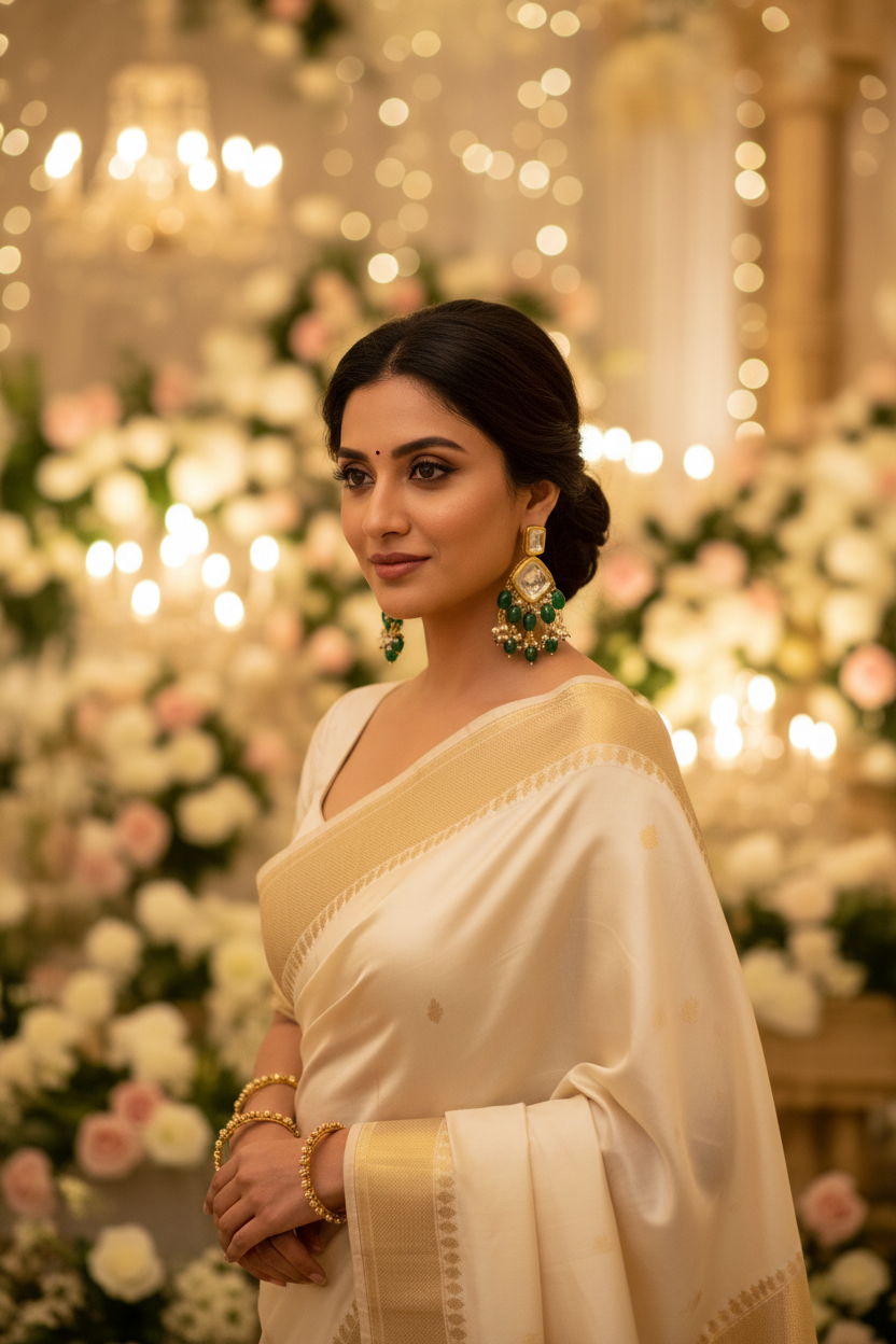 Emerald Designer Earrings - full model in ivory saree