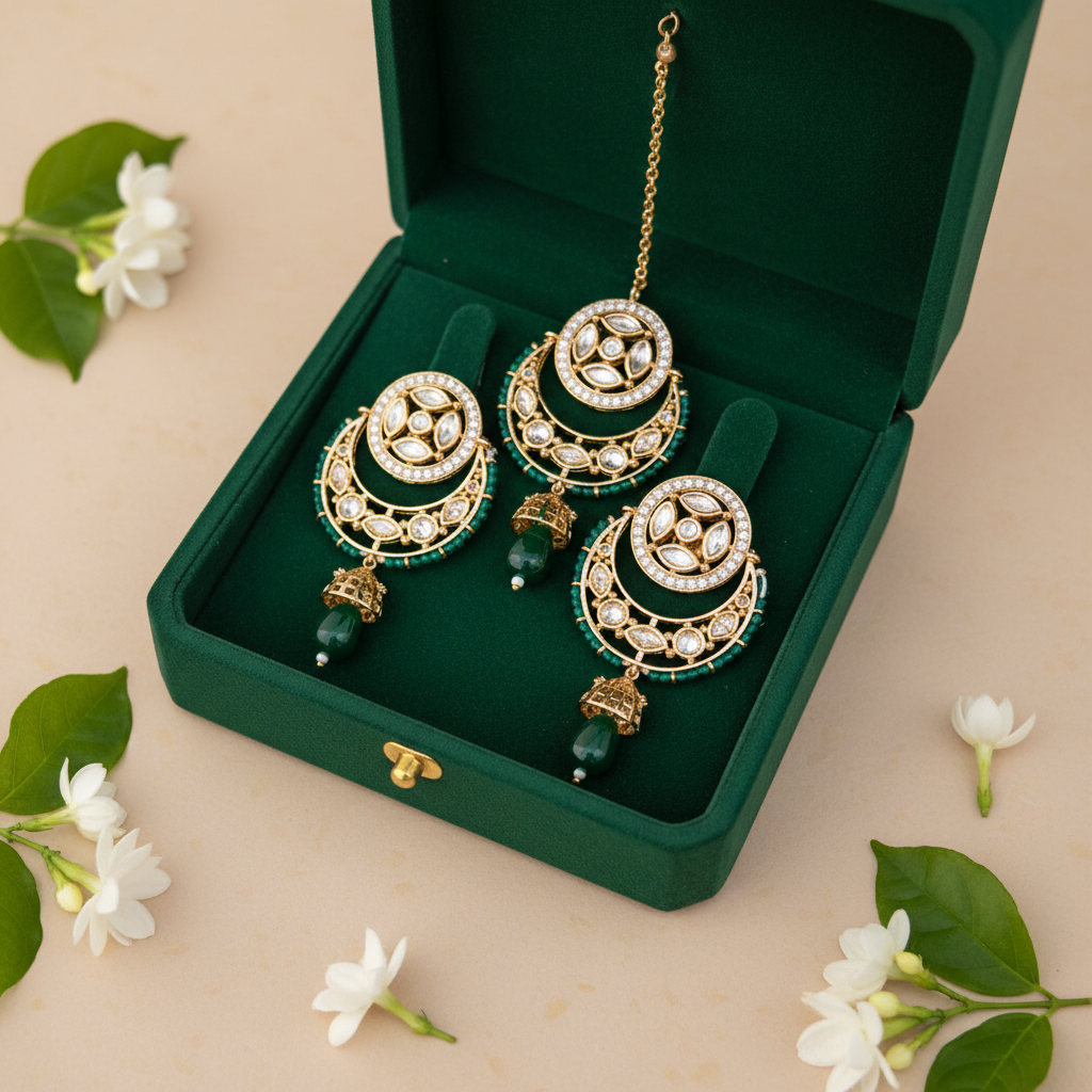 Emerald Green Kundan Chandbali Set - Green Velvet Box
