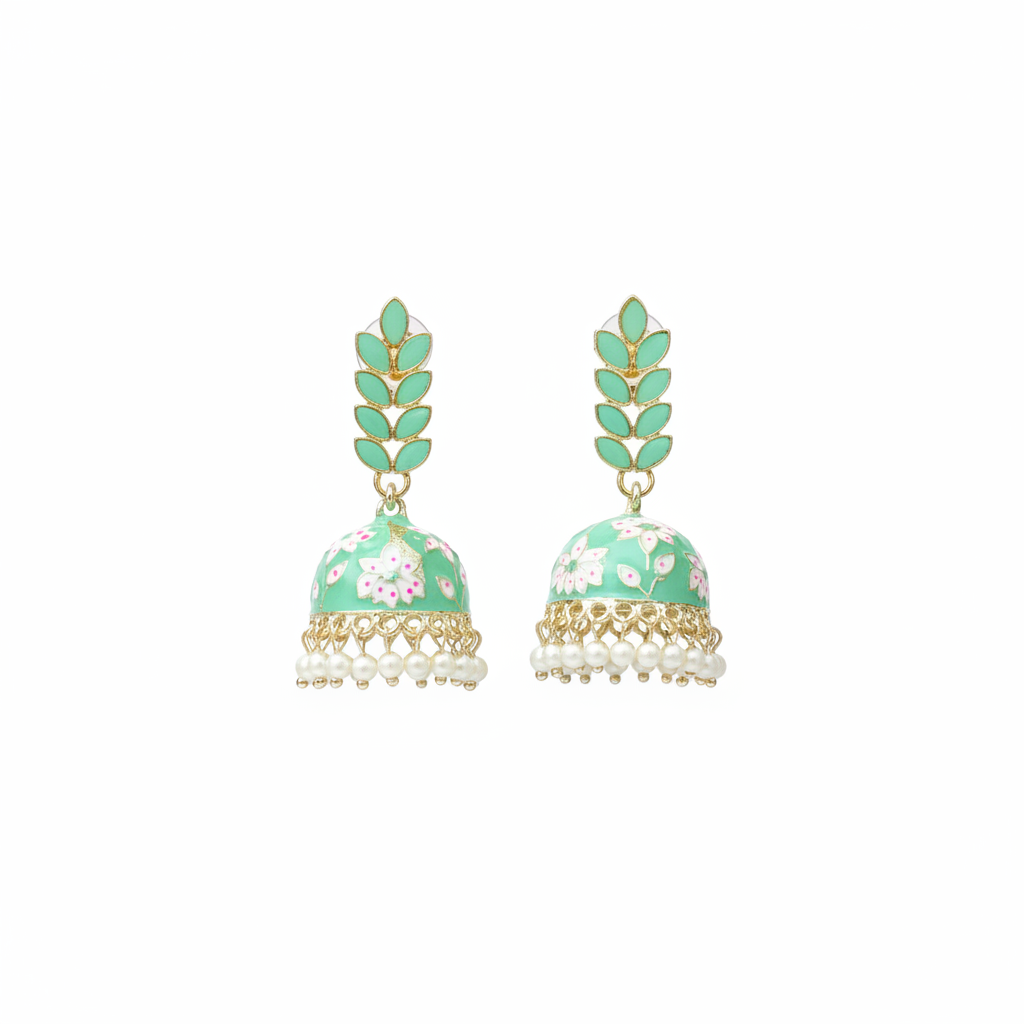 Mint Meenakari Jhumki Earrings - White Background