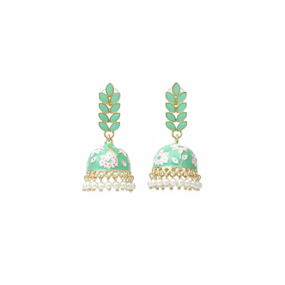 Mint Meenakari Jhumki Earrings - White Background