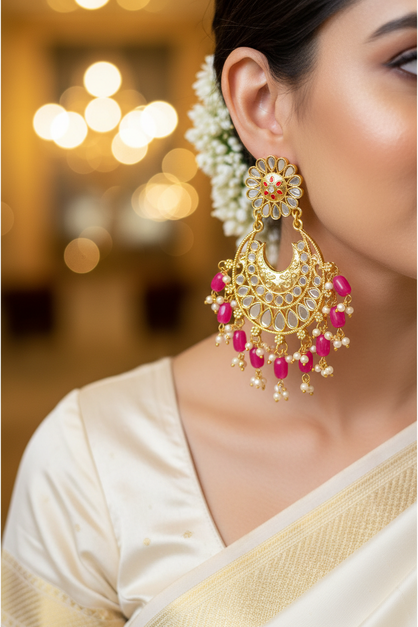 Pink Kundan Chandbali Earrings - earring close-up on model