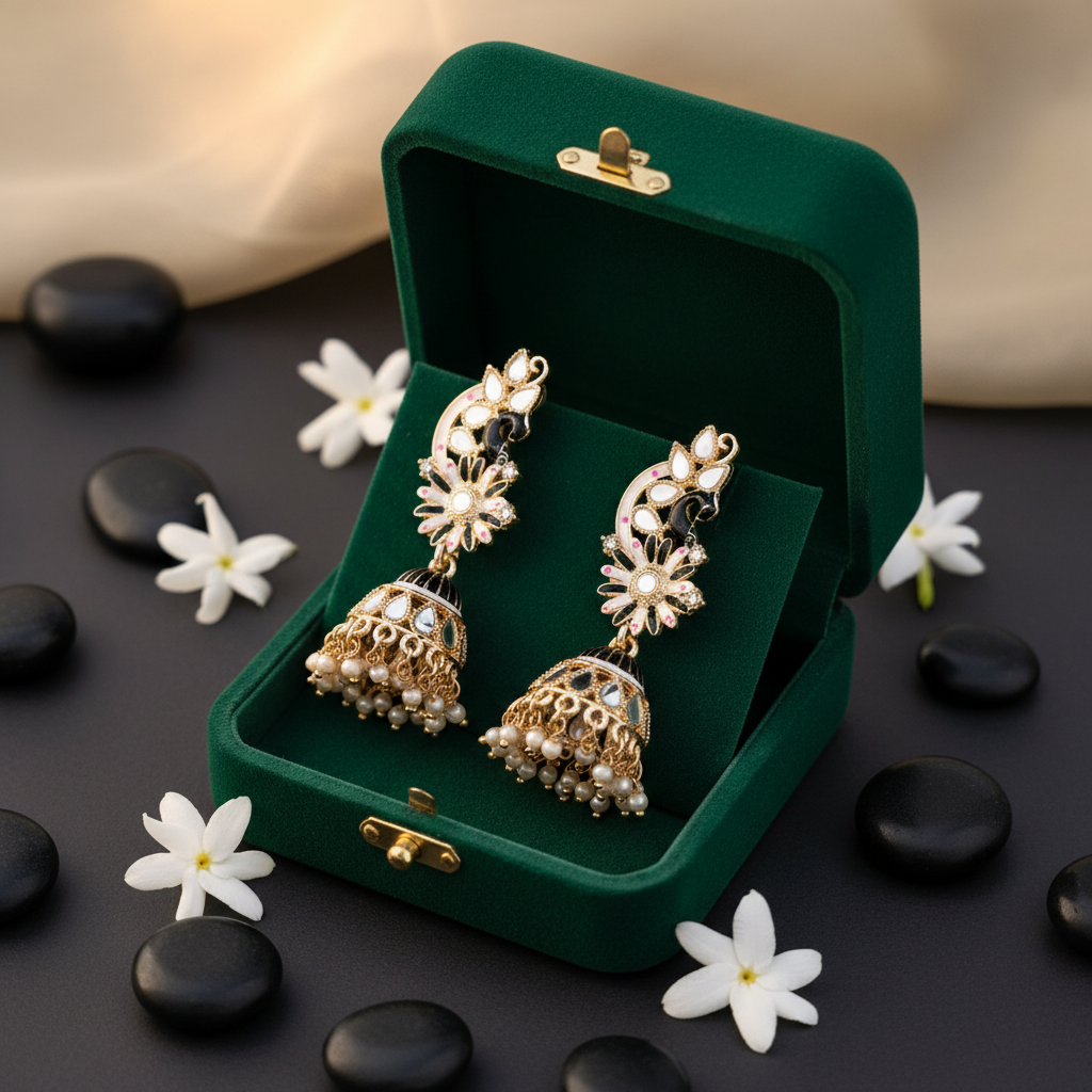 Black & White Meenakari Peacock Jhumki Earrings - Green Velvet Box