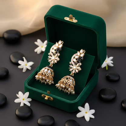 Black & White Meenakari Peacock Jhumki Earrings - Green Velvet Box