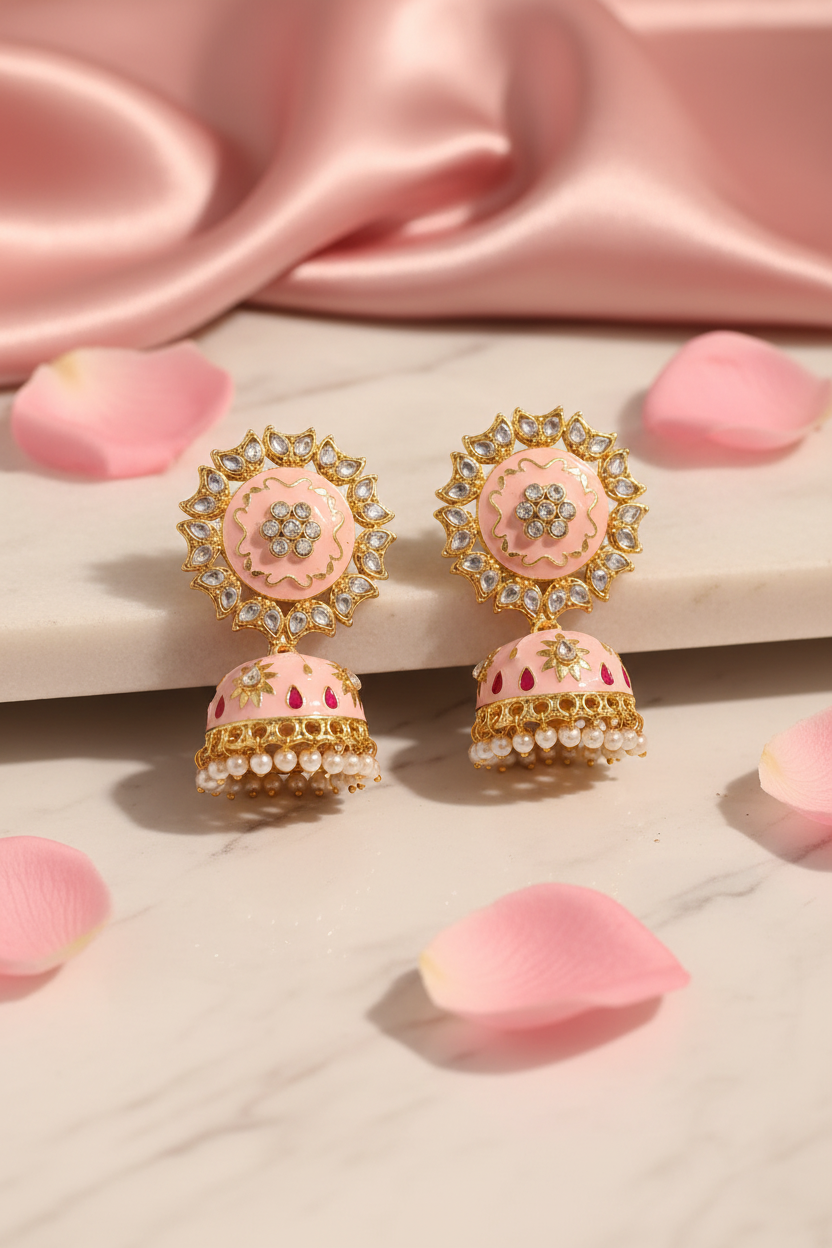Light Pink Meenakari Kundan Jhumki Earrings - rose petal flat lay