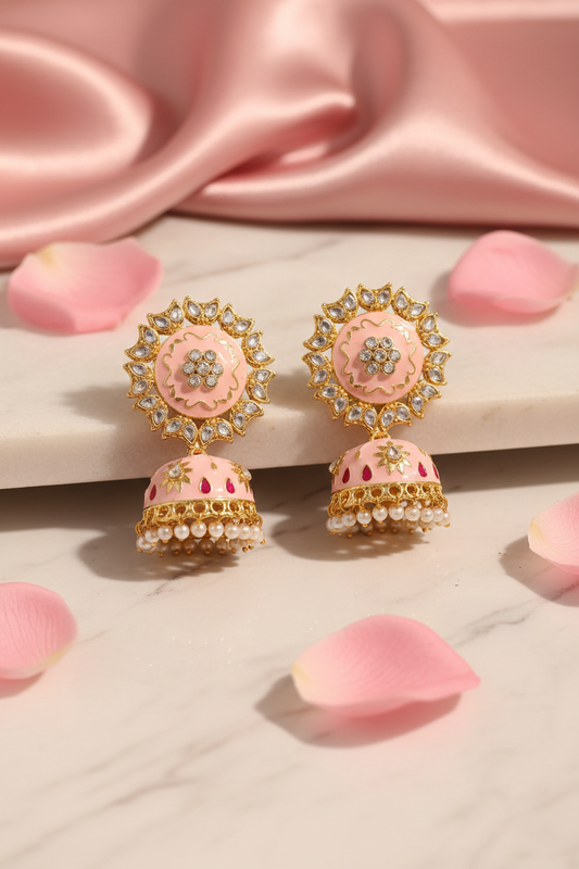 Light Pink Meenakari Kundan Jhumki Earrings - rose petal flat lay