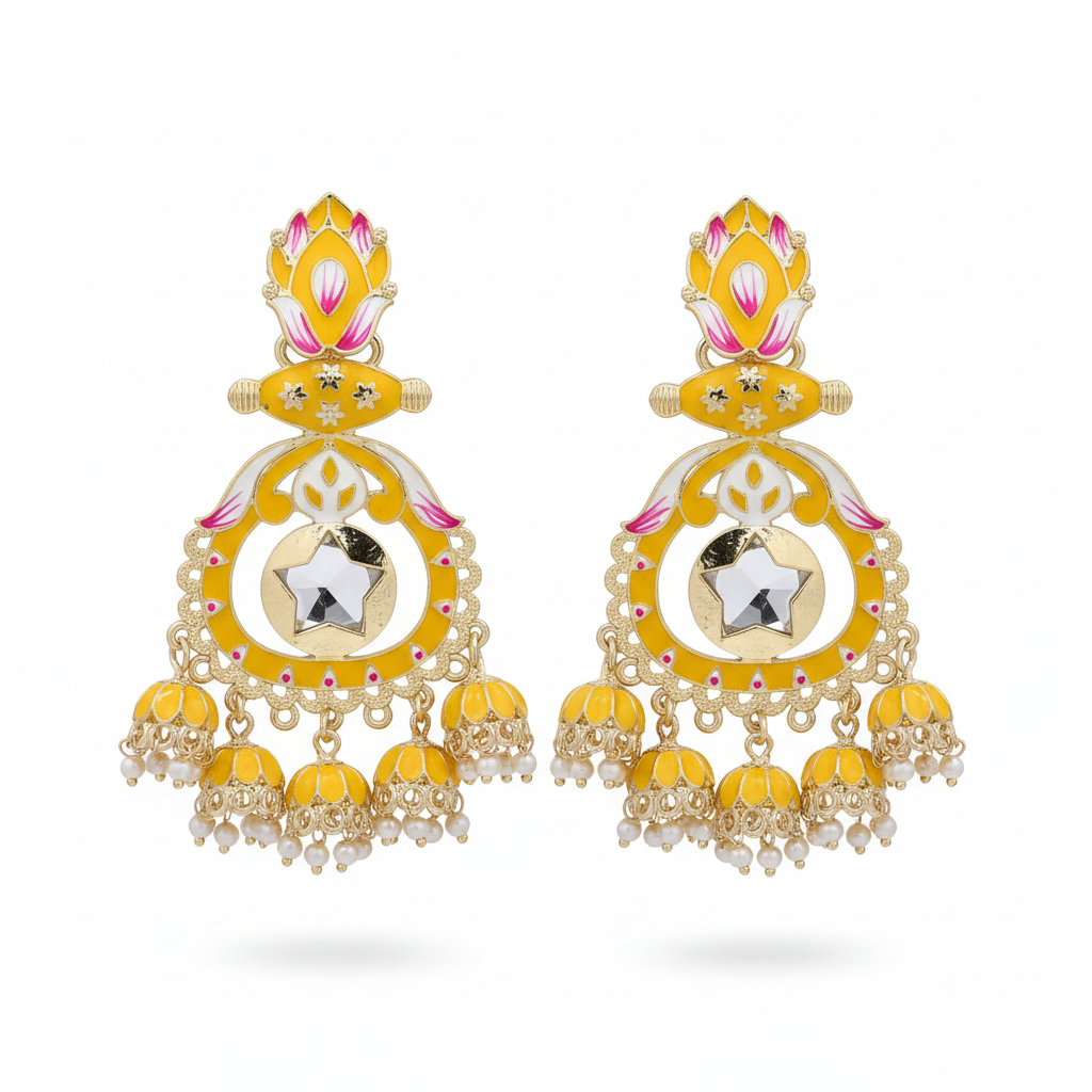 Yellow Meenakari Lotus Chandbali Earrings - White Background