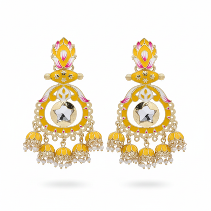 Yellow Meenakari Lotus Chandbali Earrings - White Background