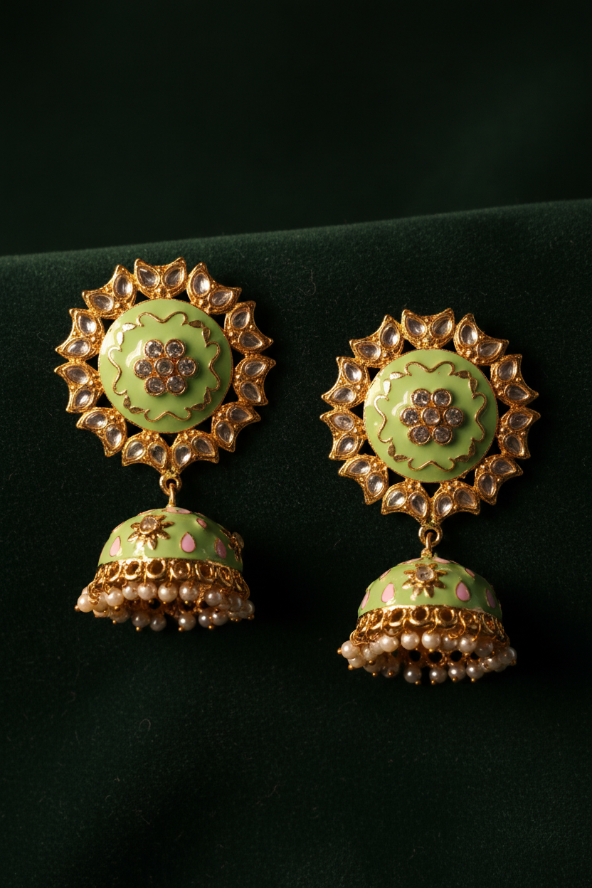 Mint Green Meenakari Kundan Jhumki Earrings - editorial