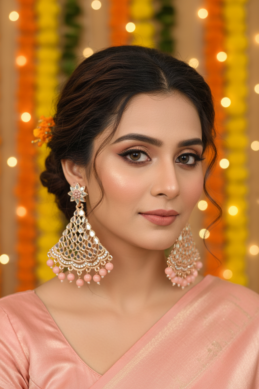 Peach Pink Mirror Kundan Chandbali Earrings - Model Festive