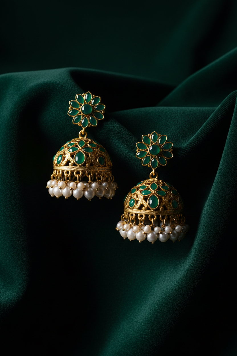 Emerald Pearl Jhumkis forest green editorial
