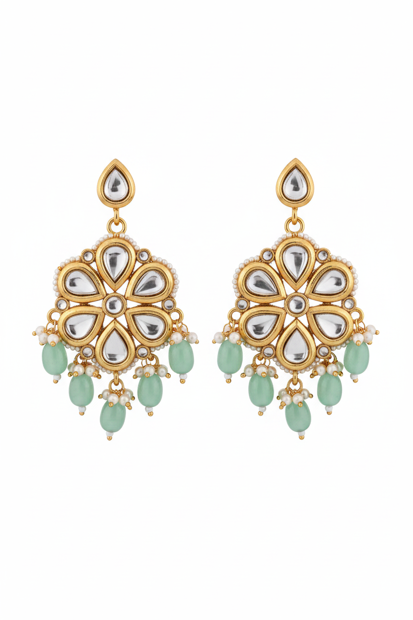 Mint Kundan Earrings - white background