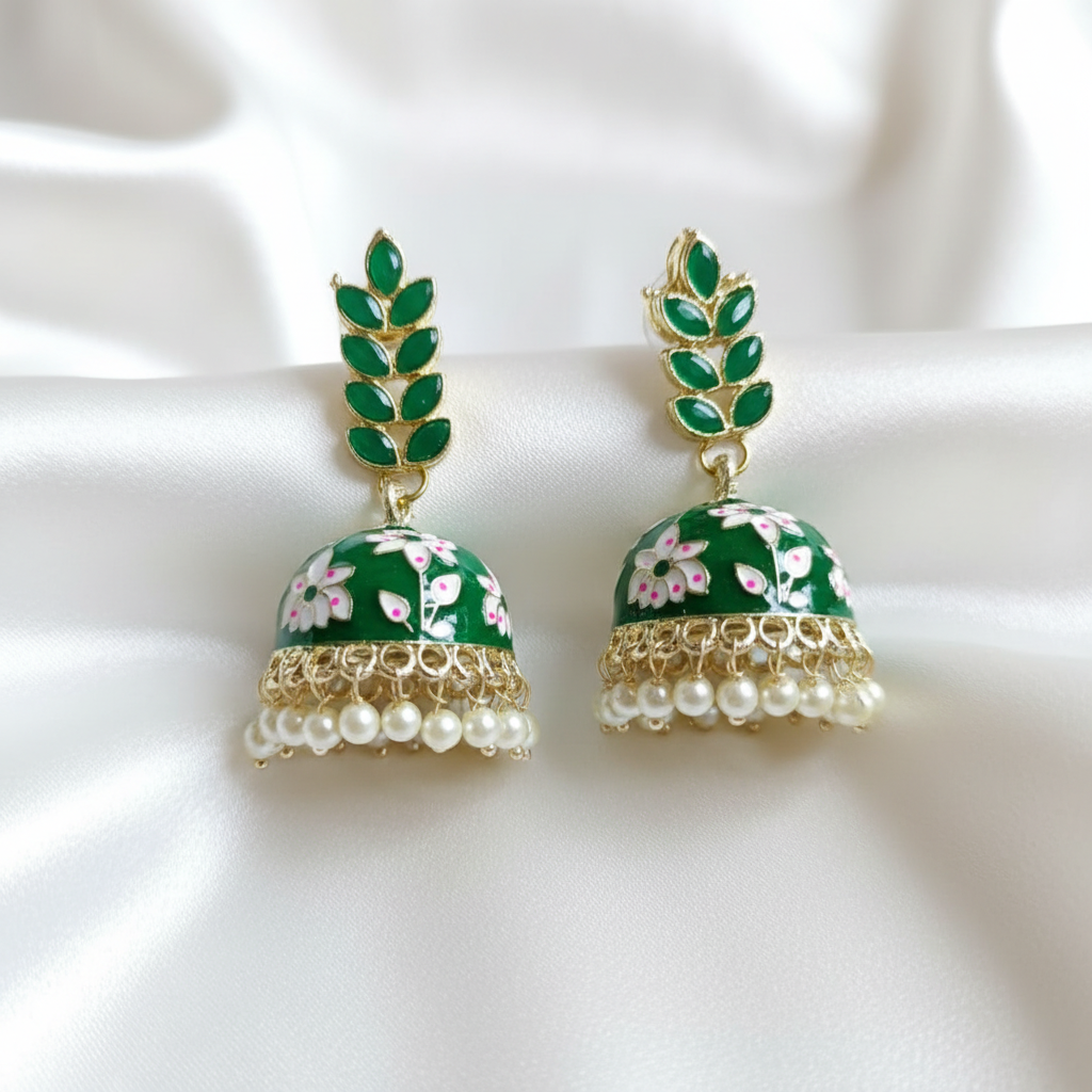 Emerald Meenakari Jhumki Earrings - Satin Display