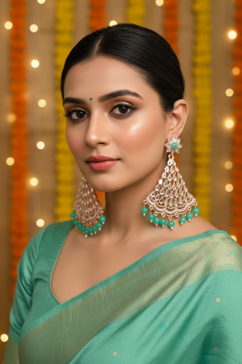 Mint Green Mirror Kundan Chandbali Earrings - Model Festive