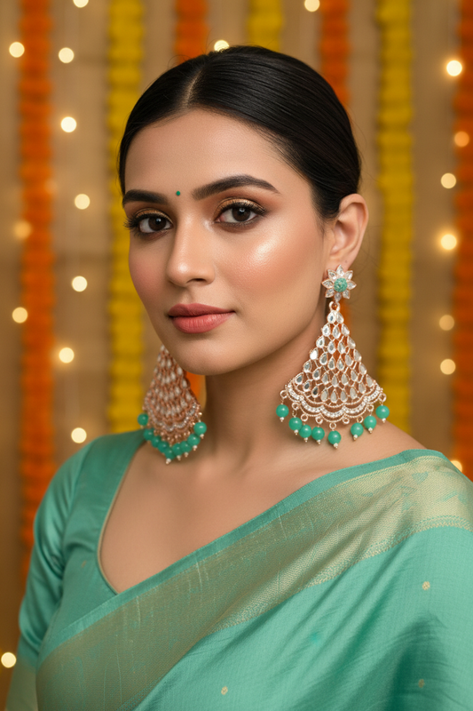 Mint Green Mirror Kundan Chandbali Earrings - Model Festive