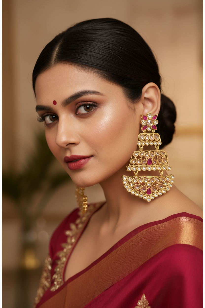 Rani Pink Designer Chandbali - model wearing