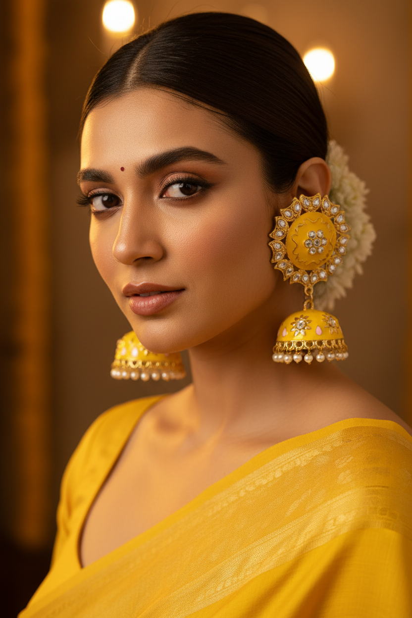 Yellow Kundan Jhumki Earrings - Model Close-up