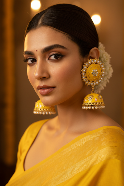 Yellow Kundan Jhumki Earrings - Model Close-up