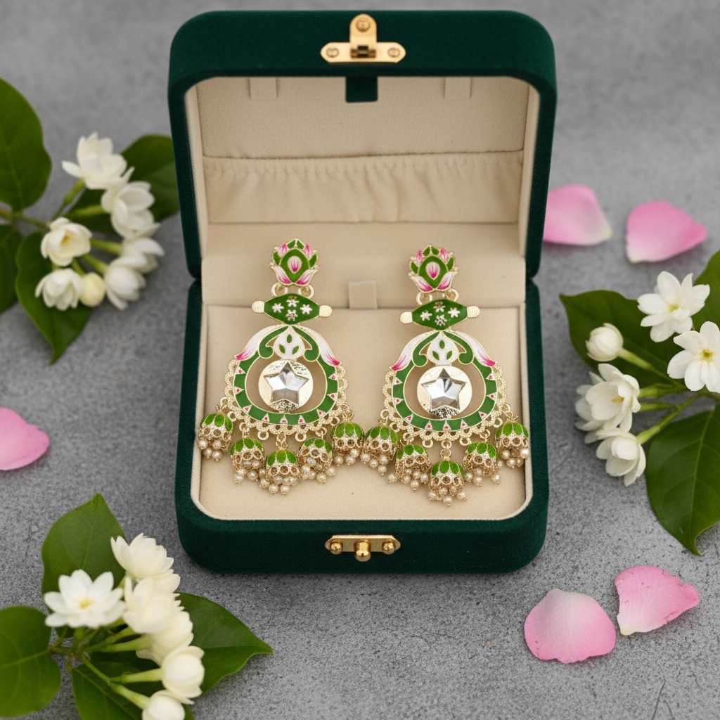 Green Meenakari Lotus Chandbali Earrings - Green Velvet Box