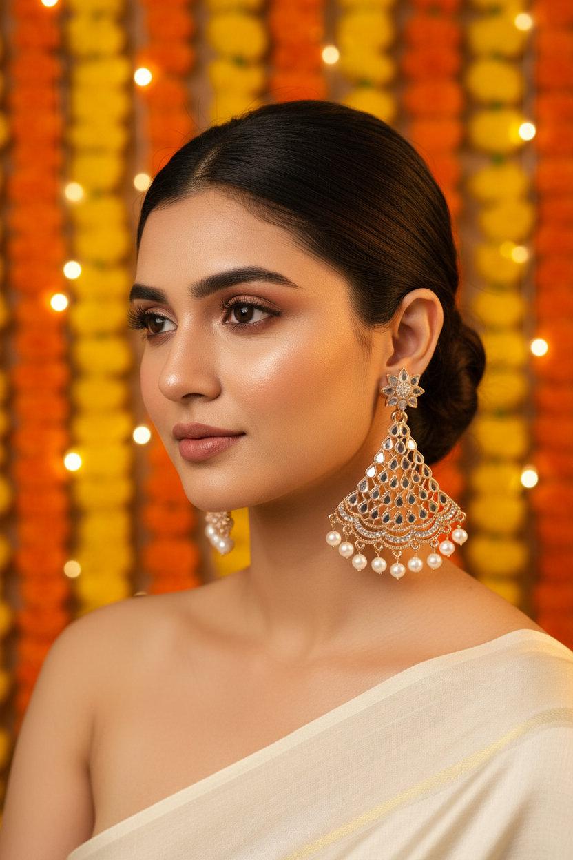 White Pearl Mirror Kundan Chandbali Earrings - Model Festive