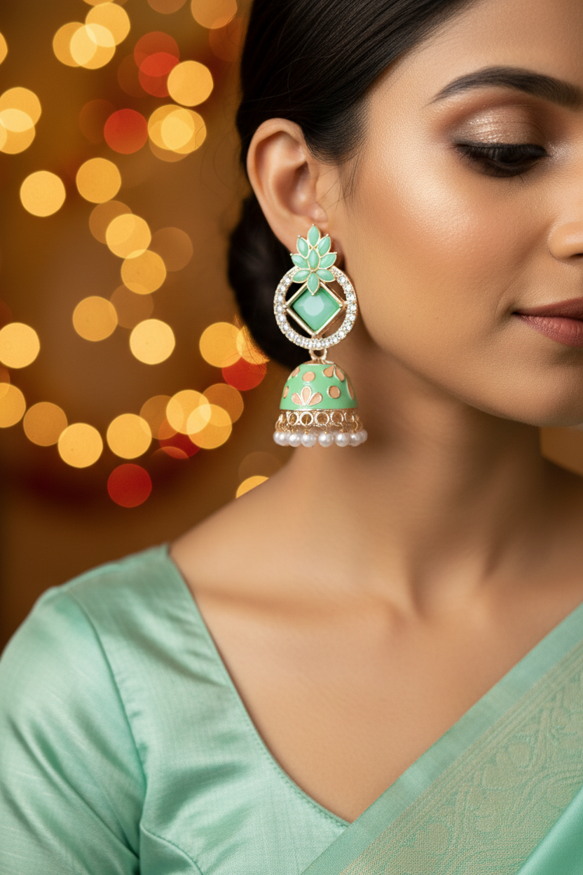 Mint Meenakari Lotus Jhumki Earrings - Model Festive