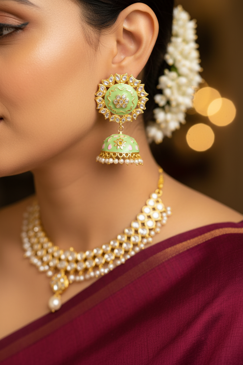 Mint Green Meenakari Kundan Jhumki Earrings - close-up on model