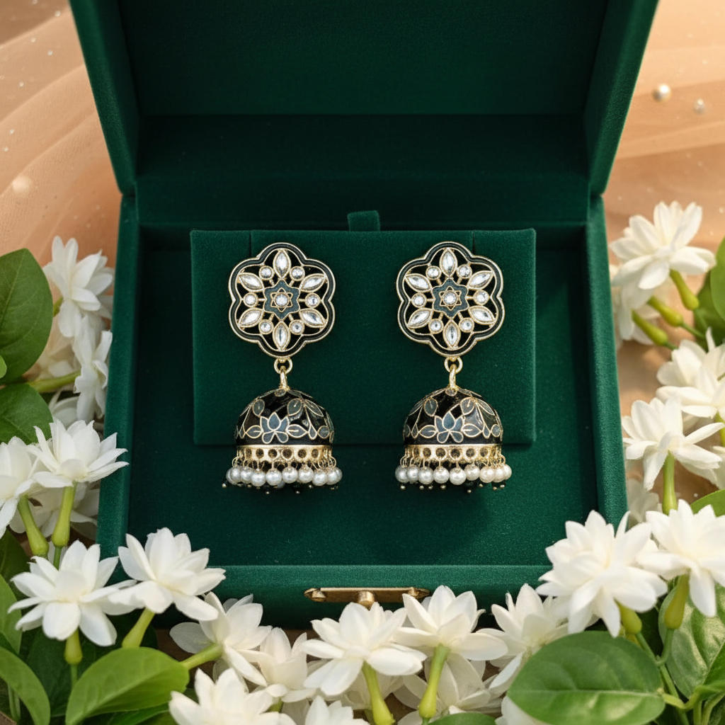Dark Green Meenakari Kundan Jhumki Earrings - Green Velvet Box