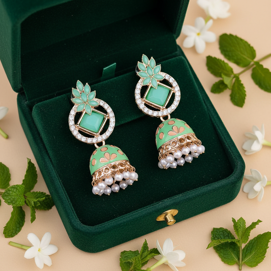 Mint Meenakari Lotus Jhumki Earrings - Green Velvet Box
