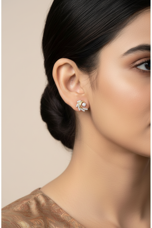 Gold CZ Wave Sweep Stud Earrings - Model Close-up