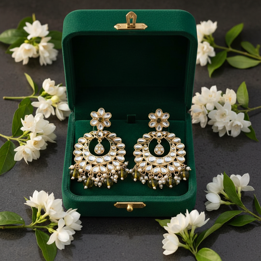Olive Green Kundan Chandbali Earrings - Green Velvet Box