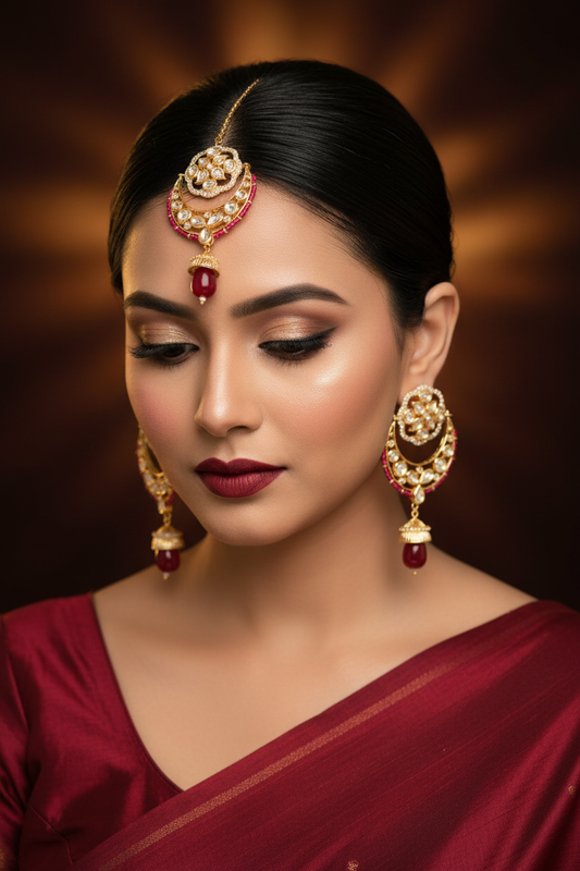 Deep Red Ruby Kundan Chandbali Set - Model