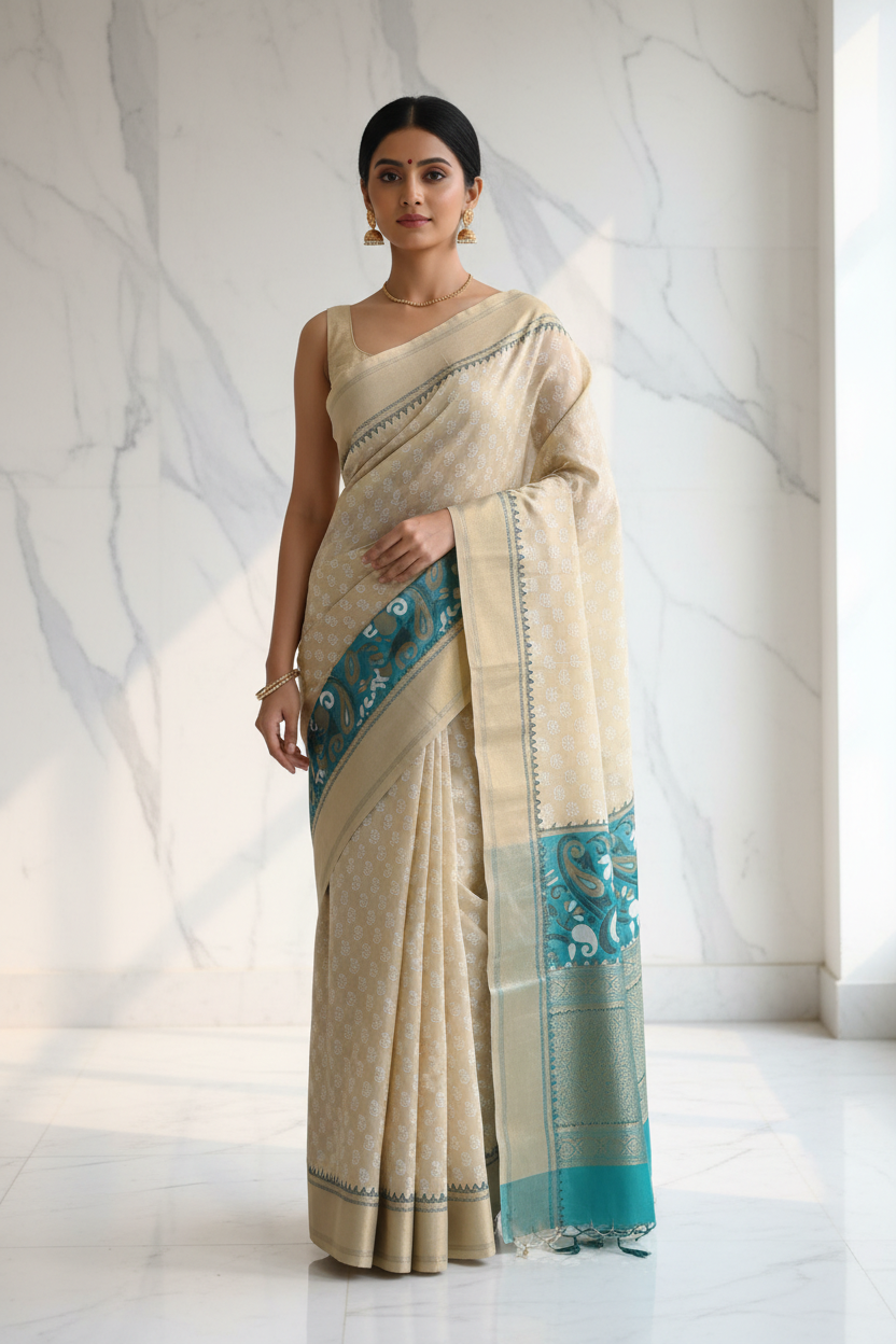 Beige Teal Kota Doria Saree - Model Shot