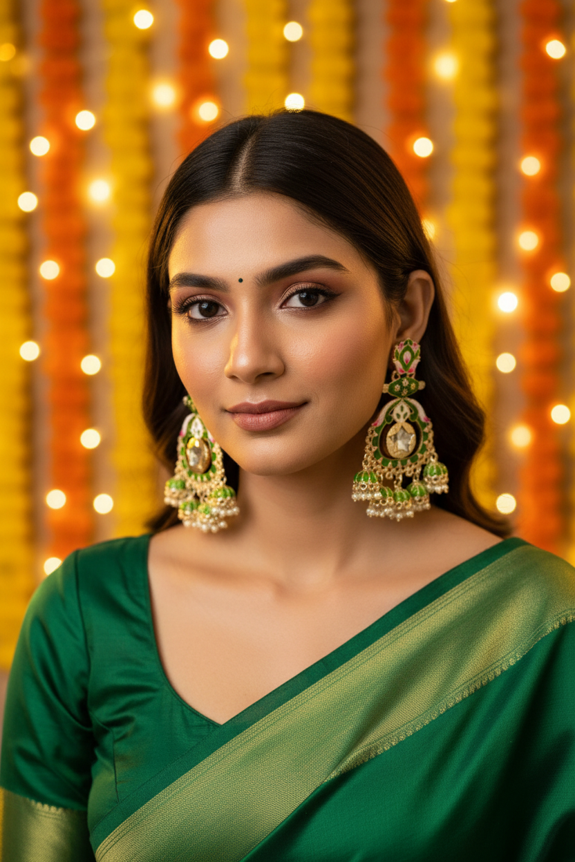 Green Meenakari Lotus Chandbali Earrings - Model Festive