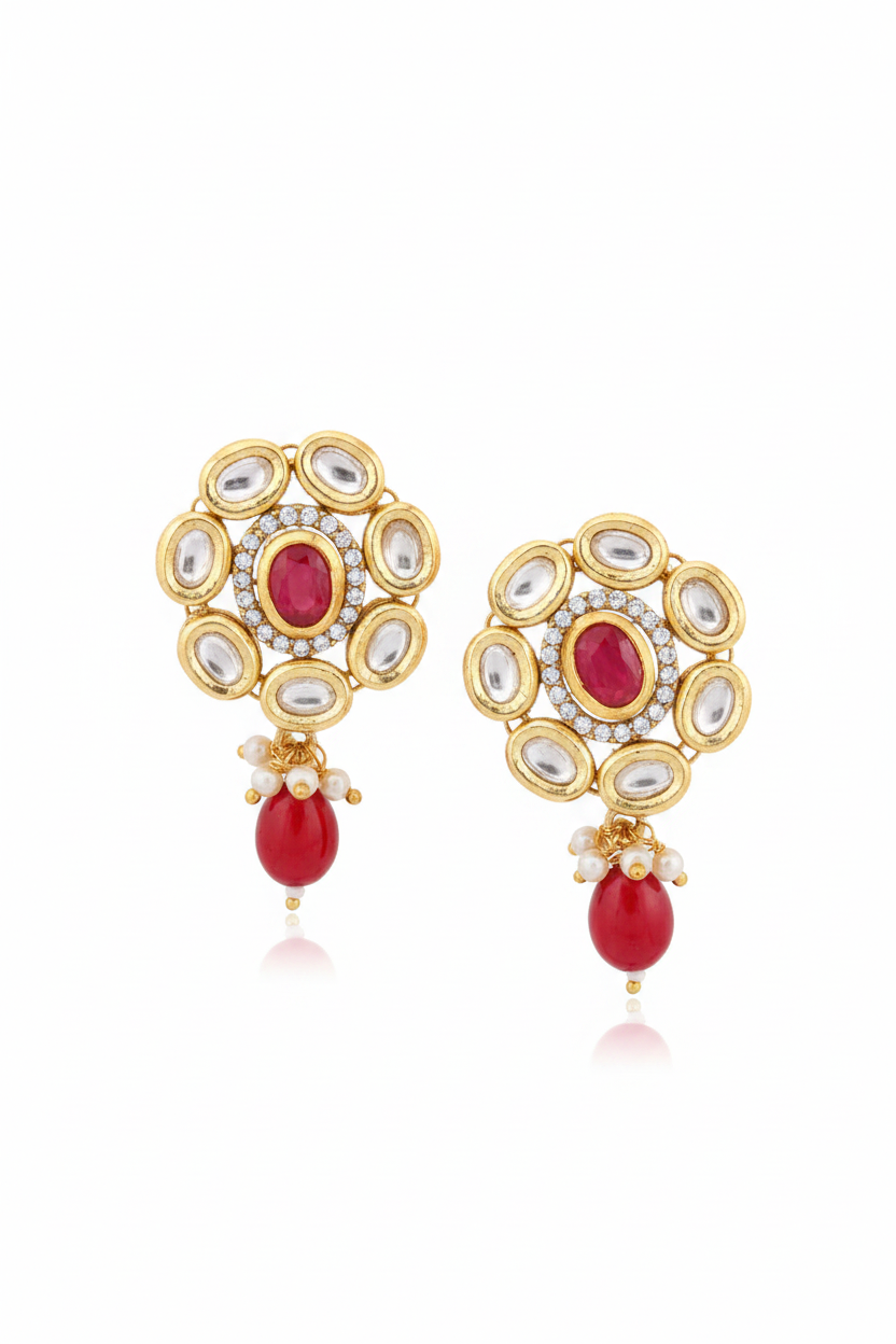 Red Kundan Studs - white background