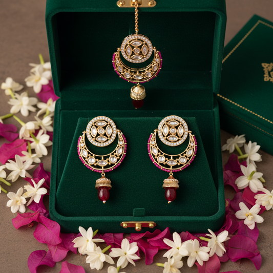 Pink Magenta Kundan Chandbali Set - Green Velvet Box