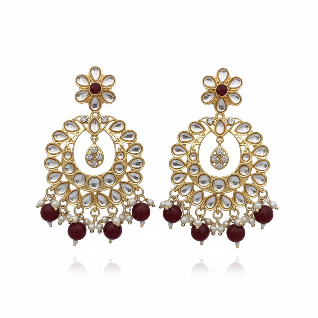 Maroon Kundan Chandbali Earrings - White Background