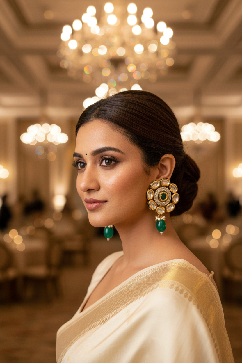 Emerald Kundan Studs - wedding guest model in ivory