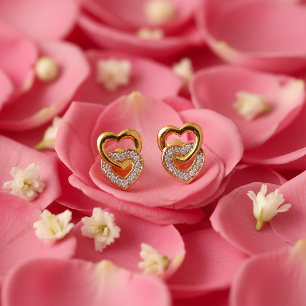Gold American Diamond Double Heart Stud Earrings - Lifestyle