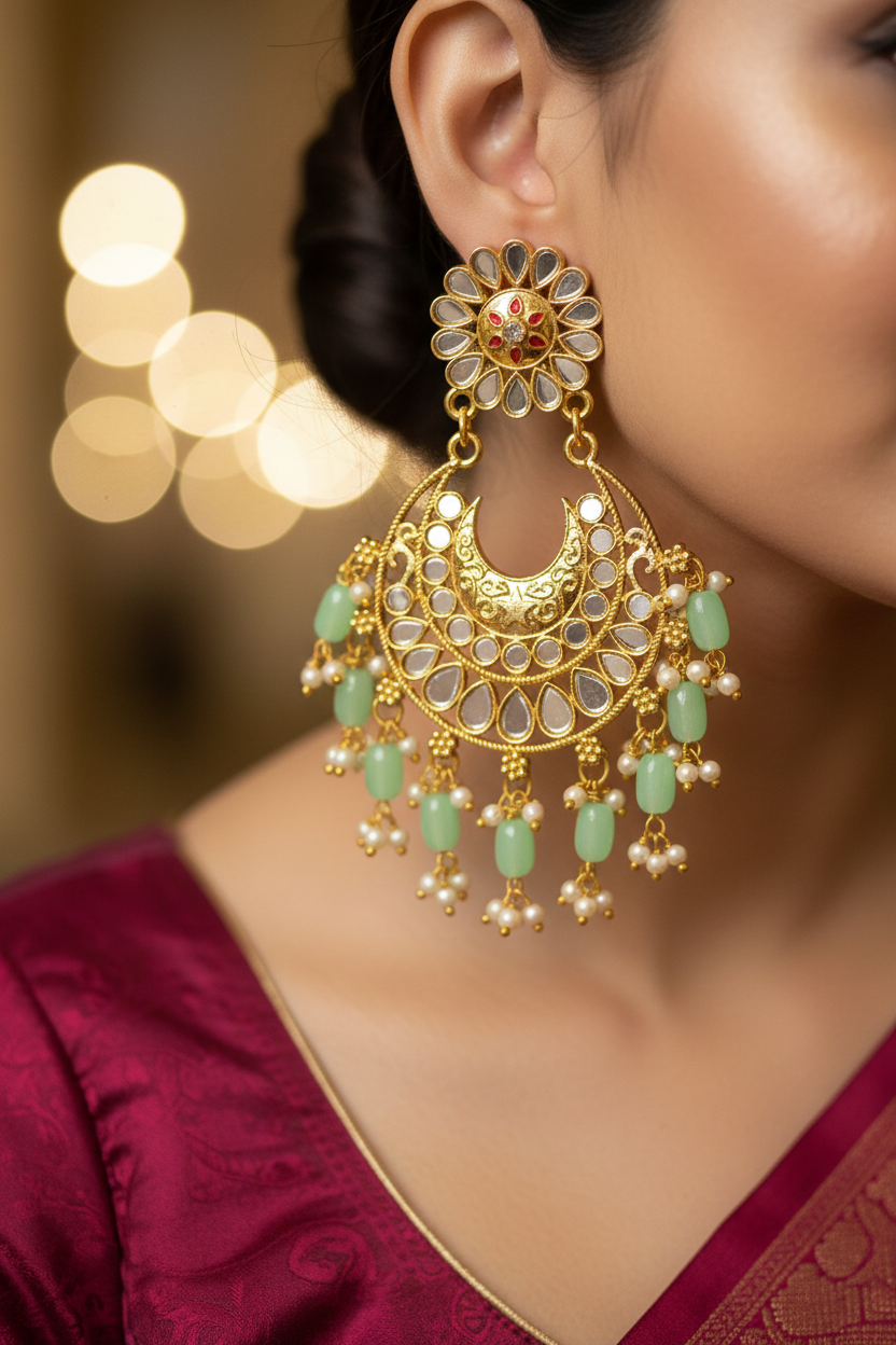 Mint Kundan Chandbali Earrings - earring close-up on model
