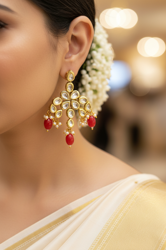 Red Kundan Earrings - earring close-up on model