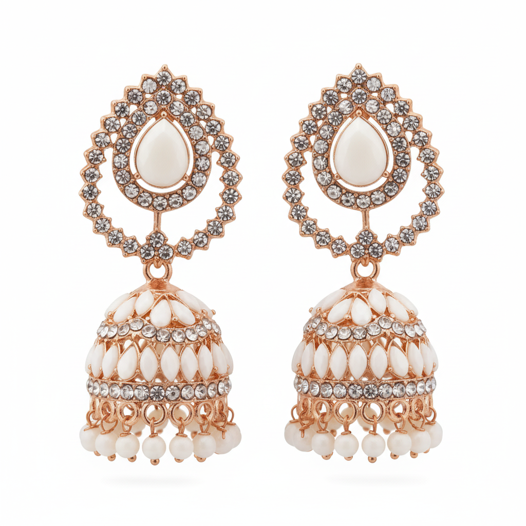 White Ivory Teardrop Crystal Jhumki Earrings - White Background