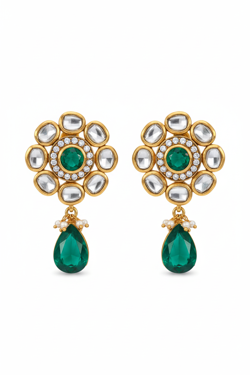 Emerald Kundan Studs - white background