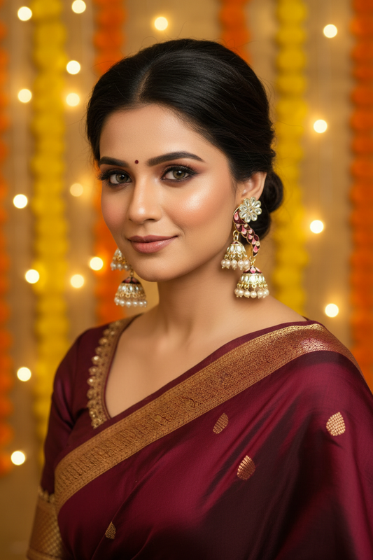 Maroon Meenakari Peacock Triple Jhumki Earrings - Model Festive