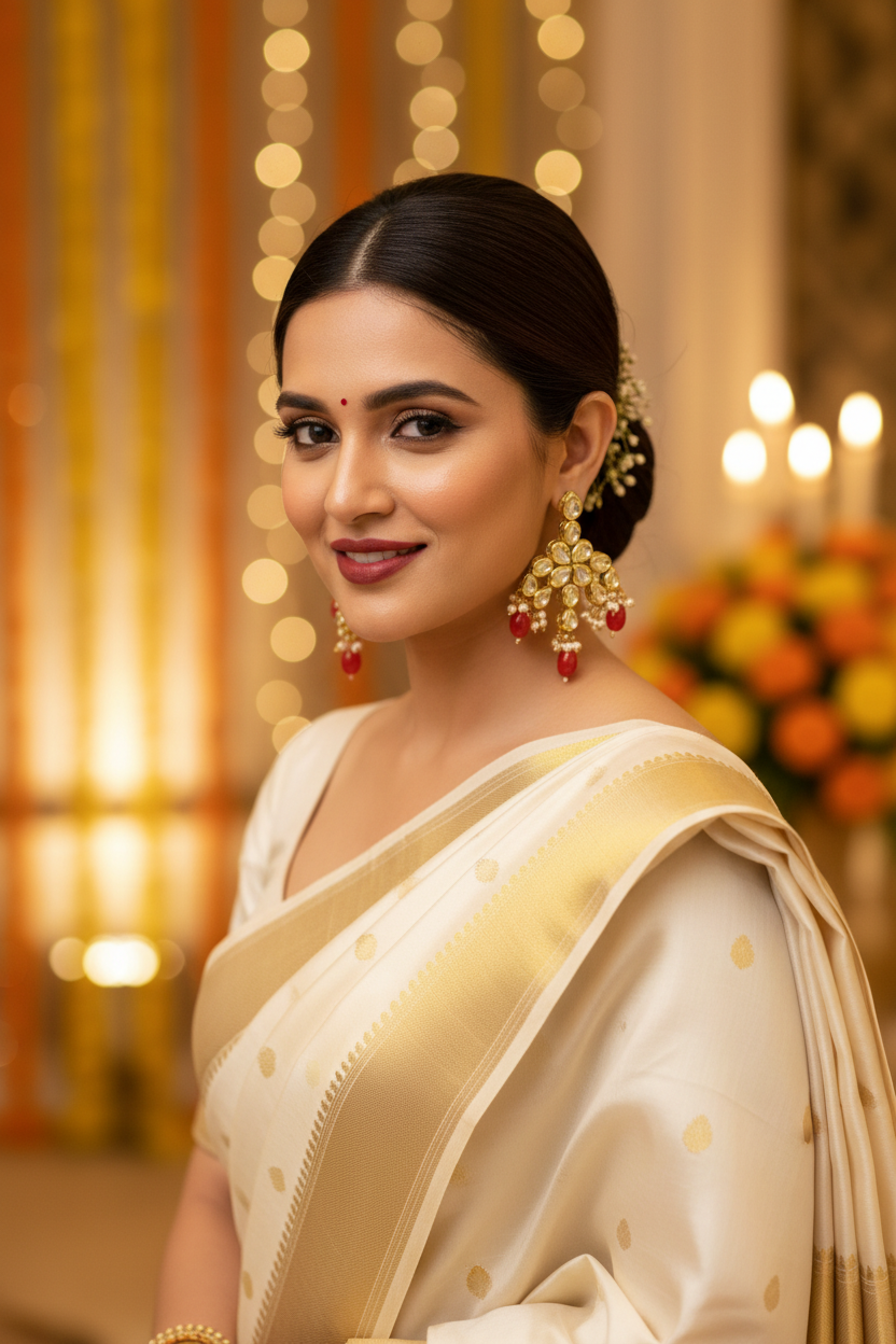Red Kundan Earrings - full model in ivory saree