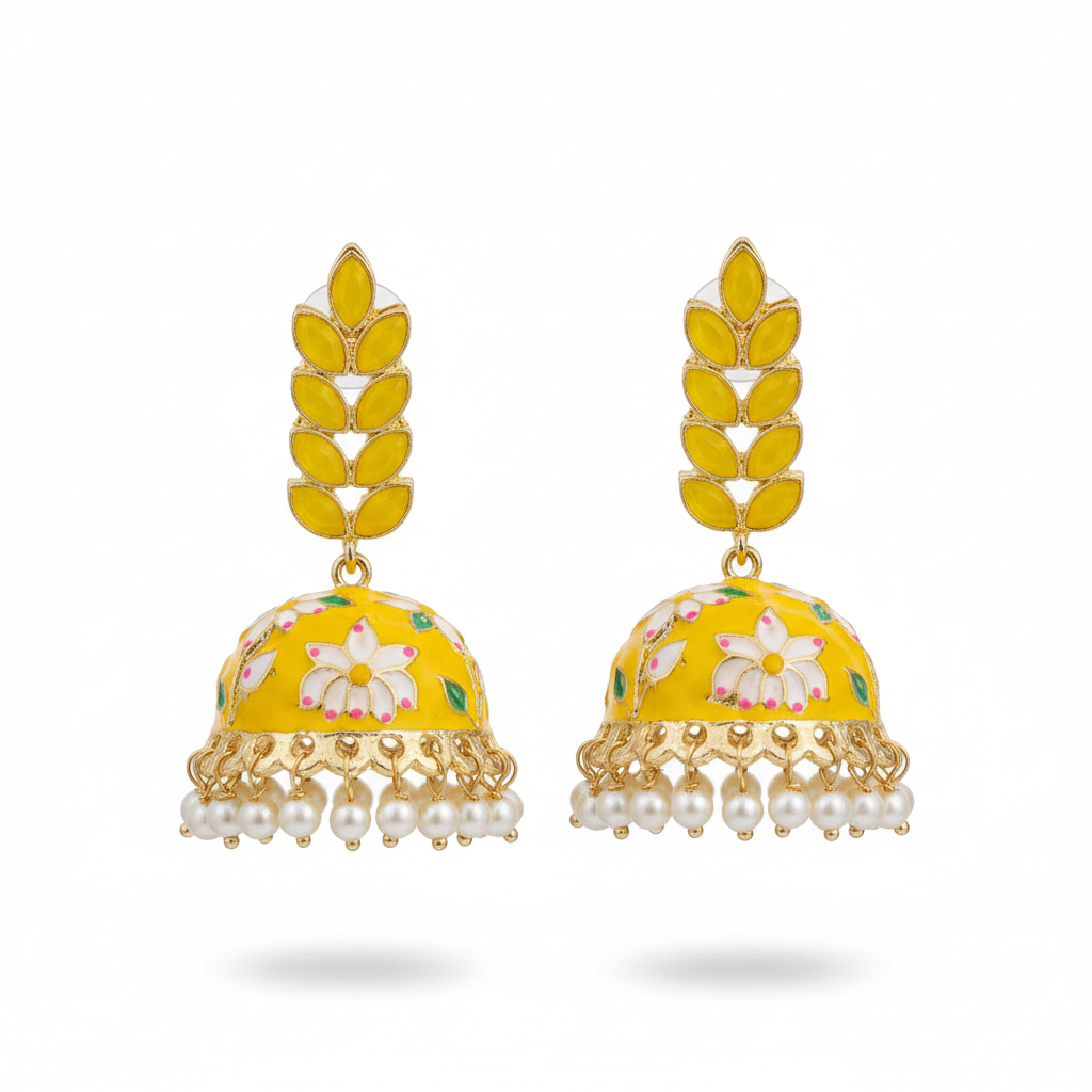 Yellow Meenakari Jhumki Earrings - White Background