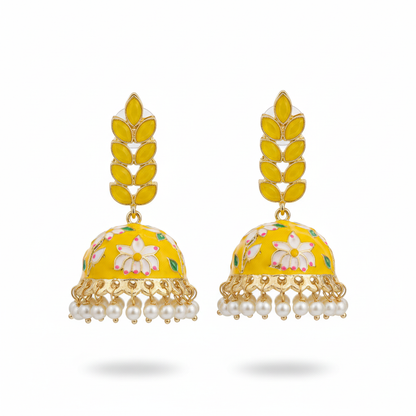 Yellow Meenakari Jhumki Earrings - White Background