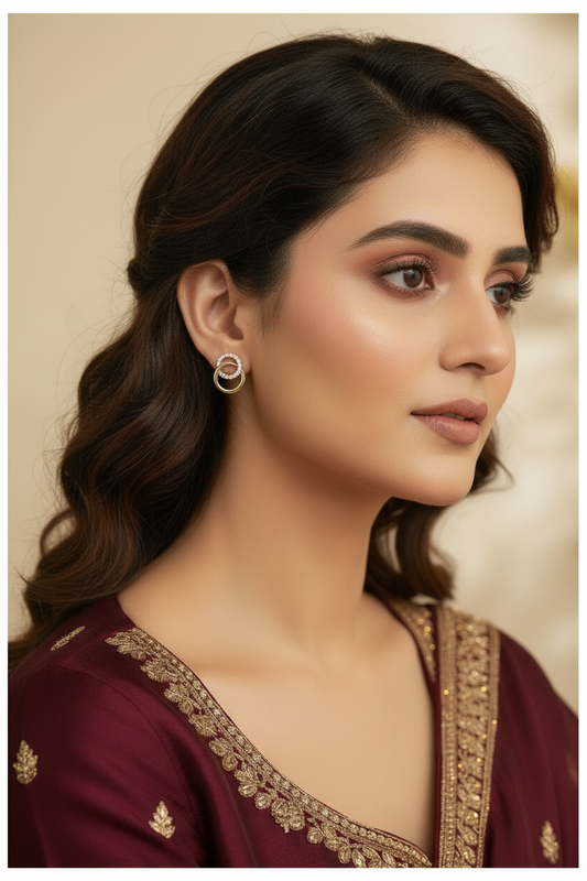 Gold CZ Double Circle Interlocked Stud Earrings - Model Wearing