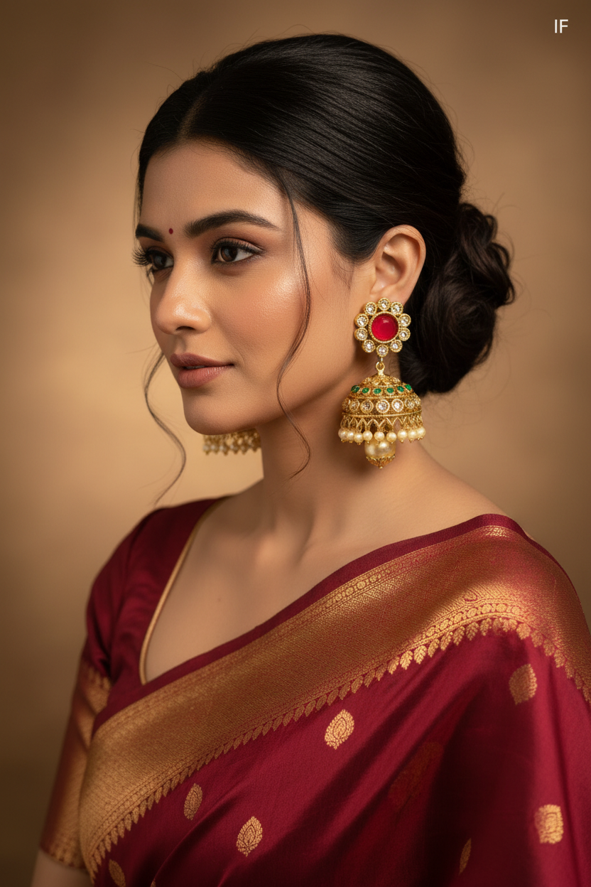 Red and Emerald Jhumkis - model wearing