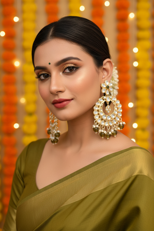 Olive Green Kundan Chandbali Earrings - Model Festive