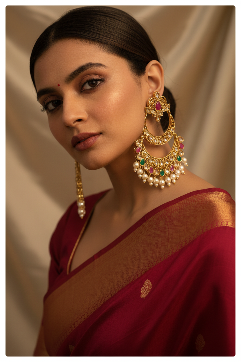 Emerald Designer Chandbali - model wearing